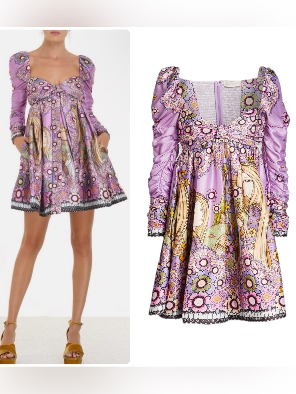 Zimmermann Cosmic SILK Twist Front Puff-Sleeve Empire Mini Dress NWT $1600